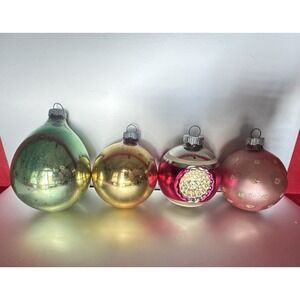 Shiny Brite Indent Pink Green Gold Christmas Ornaments Lot of 4 Glass Vintage